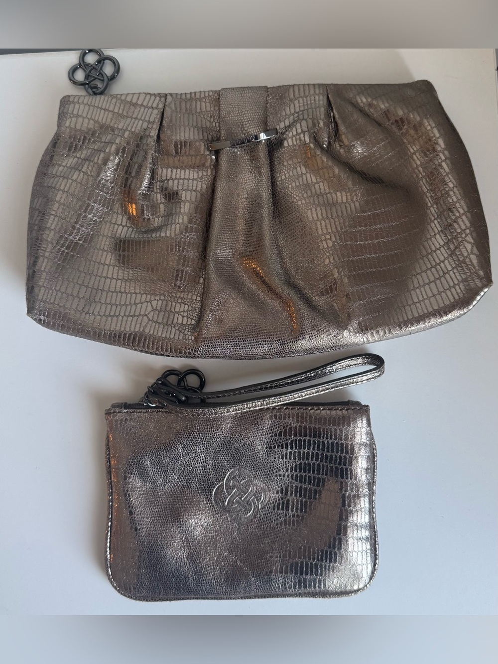 Stella & Dot Metallic Bronze Embossed Clutch + Matching Wristlet